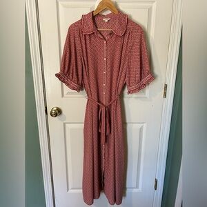 Max Studio Cottagecore Prairie Red Button Front Midi Dress Tie Waist | Size XL